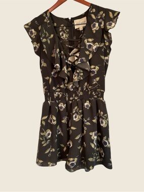 Moon River Black Floral Romper with Ruffle Neckline